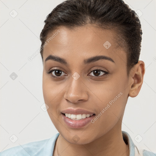 Joyful white young-adult female with short  brown hair and brown eyes