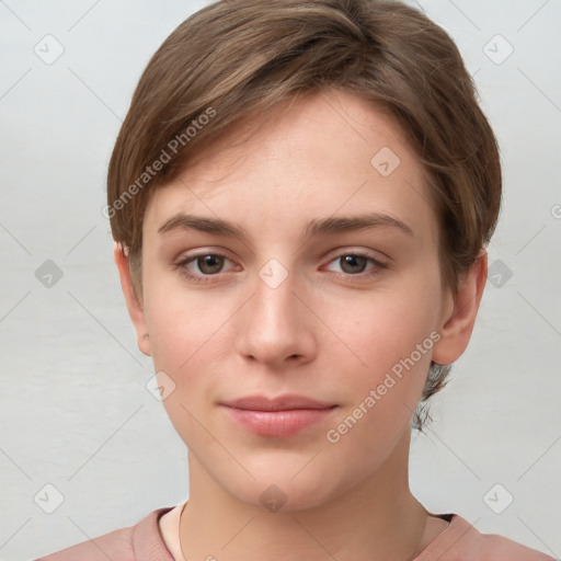 Neutral white young-adult female with short  brown hair and brown eyes