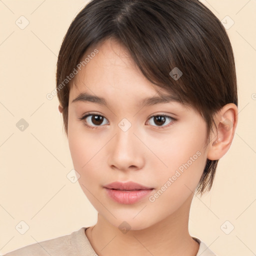 Neutral white young-adult female with medium  brown hair and brown eyes