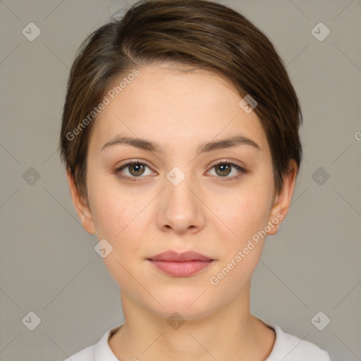 Neutral white young-adult female with short  brown hair and brown eyes