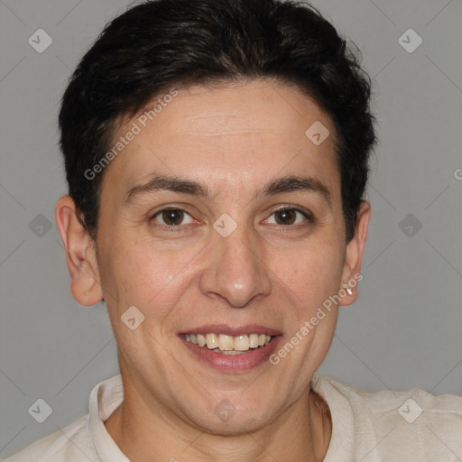 Joyful white adult female with short  brown hair and brown eyes