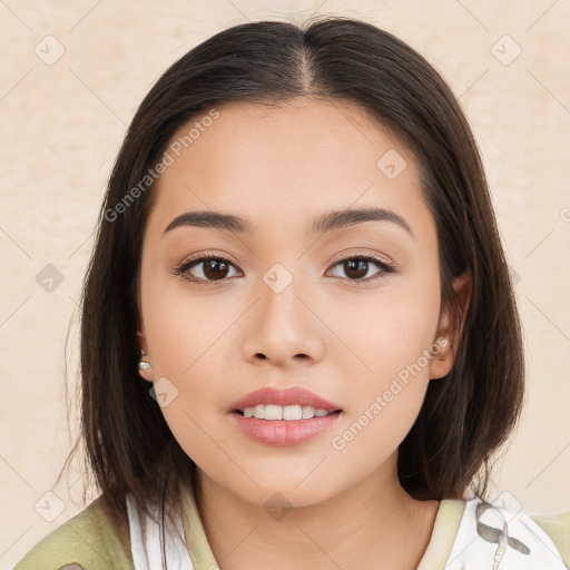 Joyful white young-adult female with medium  brown hair and brown eyes