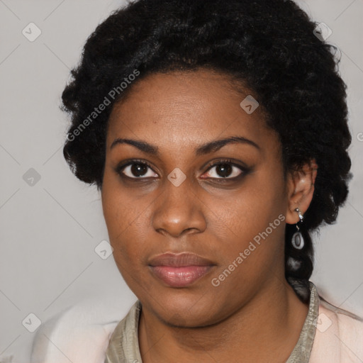 Neutral black young-adult female with short  black hair and brown eyes