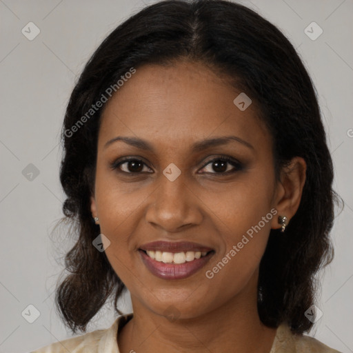 Joyful black young-adult female with medium  brown hair and brown eyes