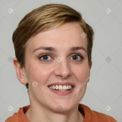 Joyful white young-adult female with medium  brown hair and blue eyes