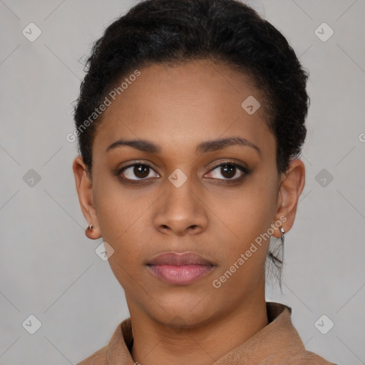 Neutral black young-adult female with short  black hair and brown eyes