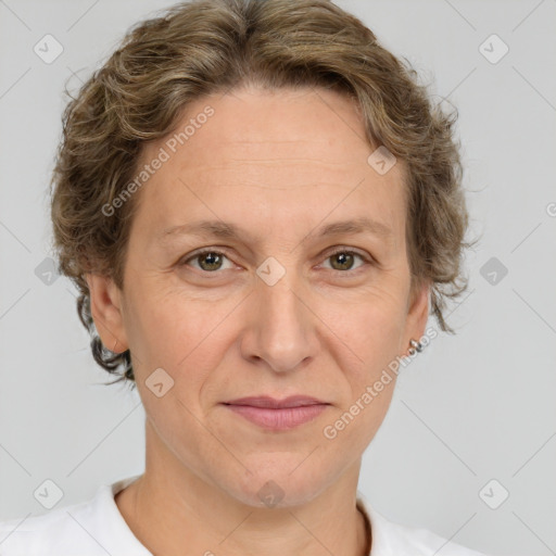 Joyful white adult female with short  brown hair and brown eyes