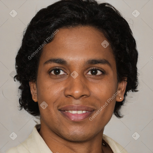 Joyful latino young-adult female with short  brown hair and brown eyes