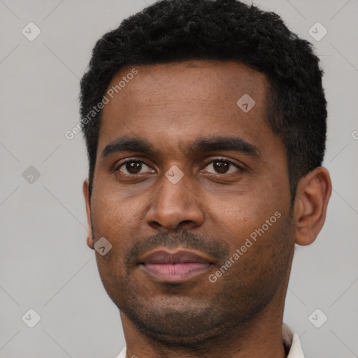 Neutral latino young-adult male with short  black hair and brown eyes