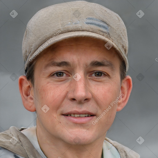 Joyful white adult male with short  brown hair and grey eyes