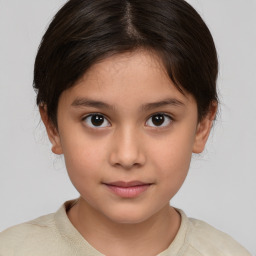 Joyful white child female with medium  brown hair and brown eyes