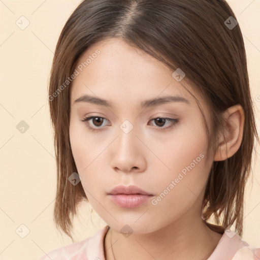 Neutral white young-adult female with medium  brown hair and brown eyes