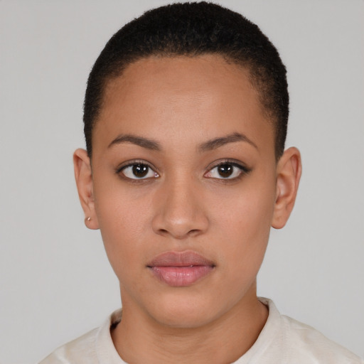 Neutral latino young-adult female with short  brown hair and brown eyes