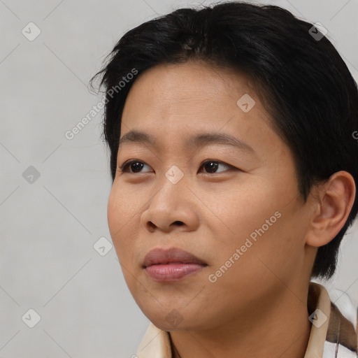 Neutral asian young-adult female with medium  black hair and brown eyes