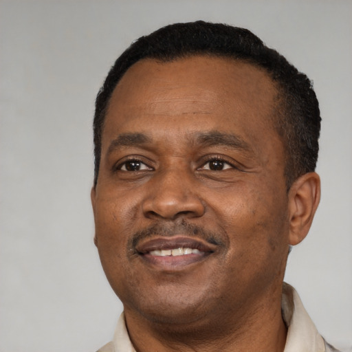Joyful black adult male with short  black hair and brown eyes