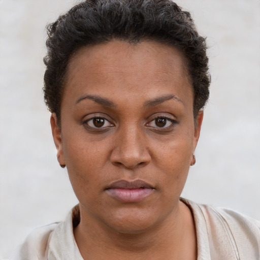 Neutral black young-adult female with short  brown hair and brown eyes