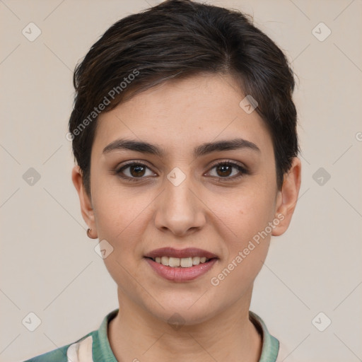 Joyful white young-adult female with short  brown hair and brown eyes