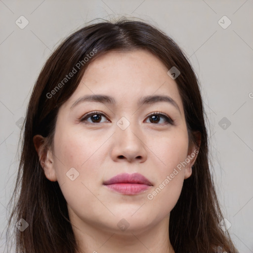 Neutral white young-adult female with long  brown hair and brown eyes