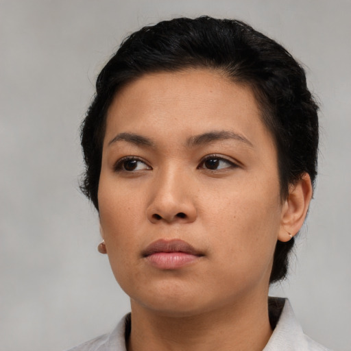 Neutral asian young-adult female with short  brown hair and brown eyes