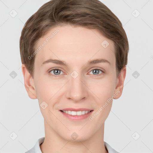 Joyful white young-adult female with short  brown hair and grey eyes