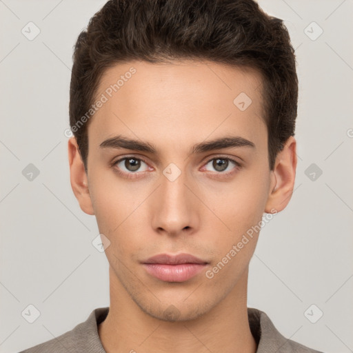 Neutral white young-adult male with short  brown hair and brown eyes