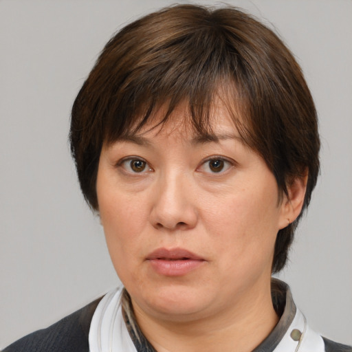 Neutral white adult female with medium  brown hair and brown eyes