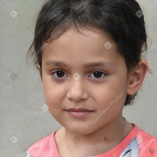 Joyful white child female with short  brown hair and brown eyes