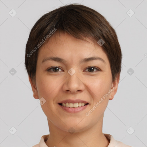 Joyful white young-adult female with short  brown hair and brown eyes