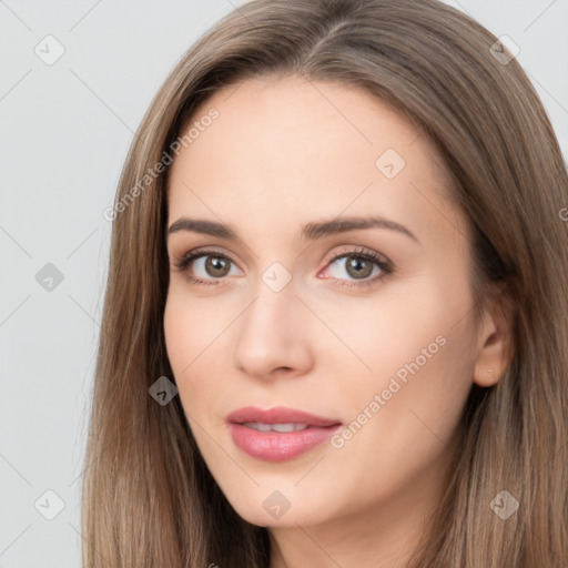 Neutral white young-adult female with long  brown hair and brown eyes