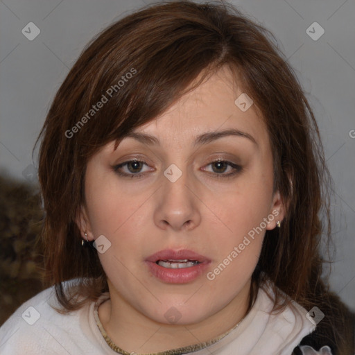 Neutral white young-adult female with medium  brown hair and brown eyes