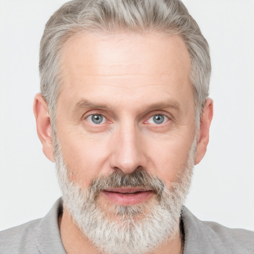 Neutral white middle-aged male with short  gray hair and grey eyes