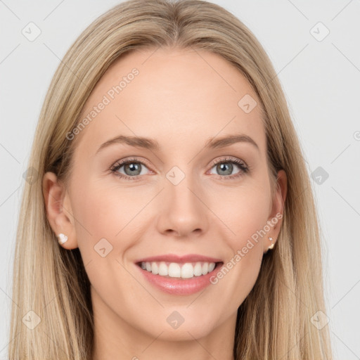 Joyful white young-adult female with long  brown hair and grey eyes