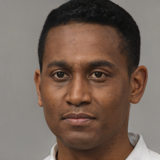 Neutral black young-adult male with short  black hair and brown eyes