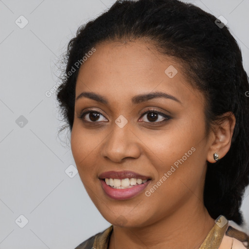 Joyful latino young-adult female with medium  brown hair and brown eyes