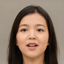 Joyful asian young-adult female with long  brown hair and brown eyes