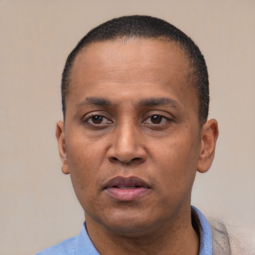Neutral latino adult male with short  black hair and brown eyes