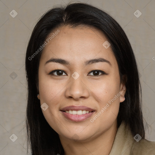 Joyful asian young-adult female with medium  brown hair and brown eyes