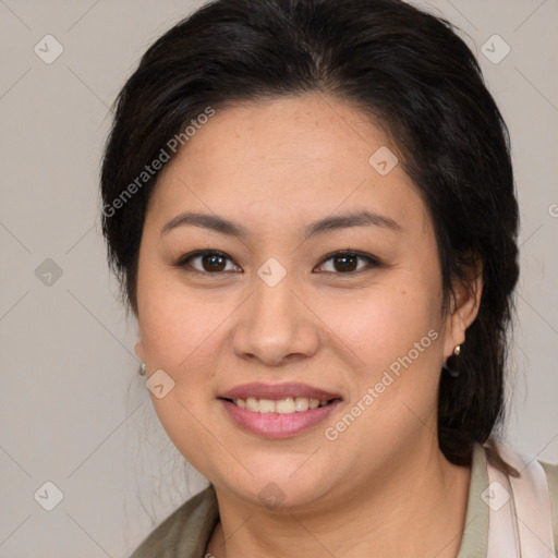 Joyful white young-adult female with medium  brown hair and brown eyes