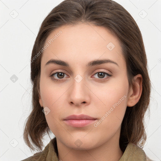 Neutral white young-adult female with medium  brown hair and brown eyes