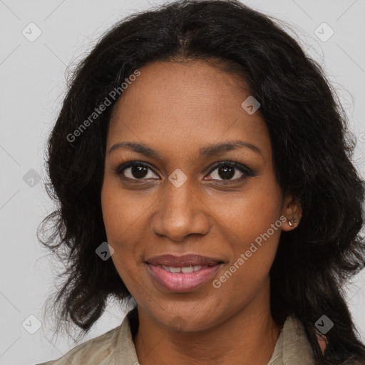 Joyful black young-adult female with medium  brown hair and brown eyes