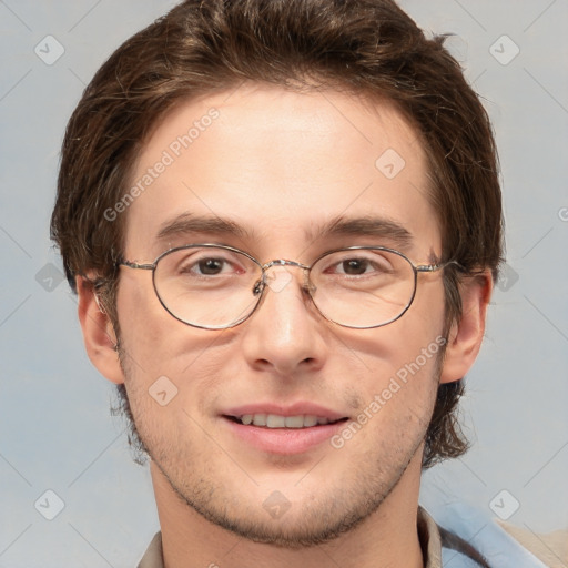 Joyful white adult male with short  brown hair and grey eyes