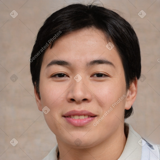 Joyful asian young-adult female with short  black hair and brown eyes