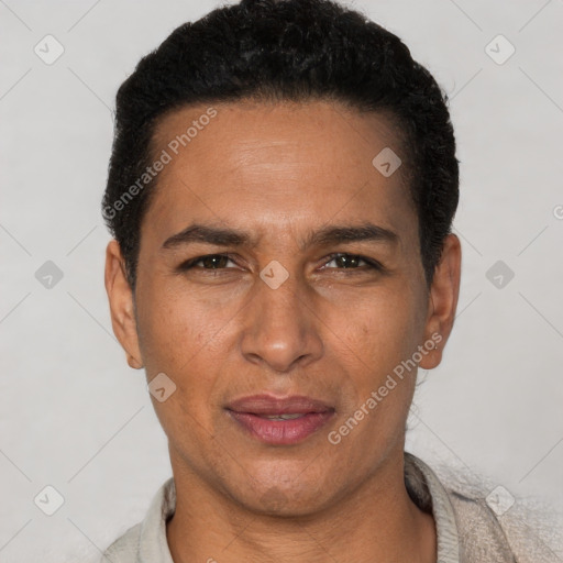 Joyful latino adult male with short  black hair and brown eyes
