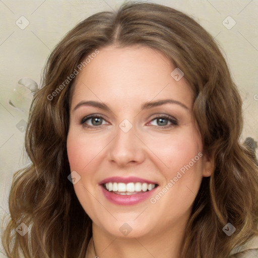 Joyful white young-adult female with medium  brown hair and green eyes