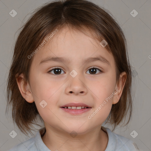 Joyful white child female with medium  brown hair and brown eyes