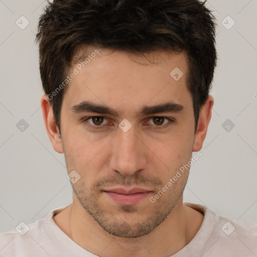 Neutral white young-adult male with short  brown hair and brown eyes