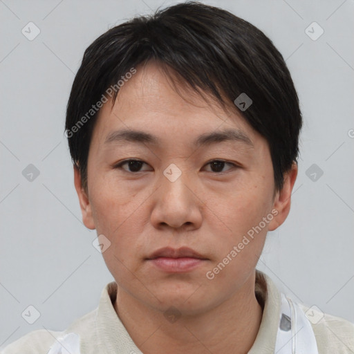 Neutral asian young-adult male with short  black hair and brown eyes