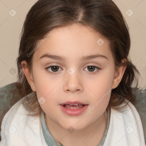 Joyful white child female with medium  brown hair and brown eyes