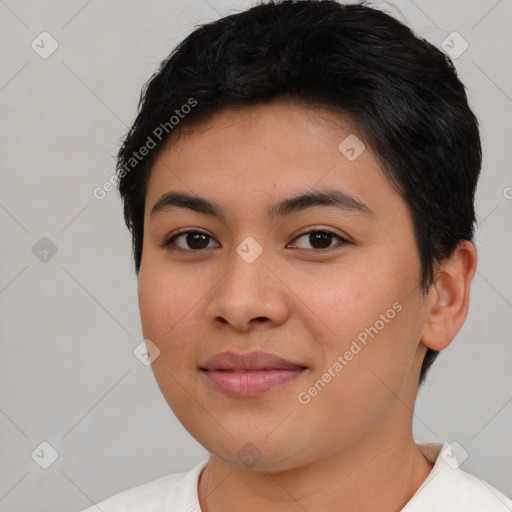 Joyful latino young-adult female with short  brown hair and brown eyes