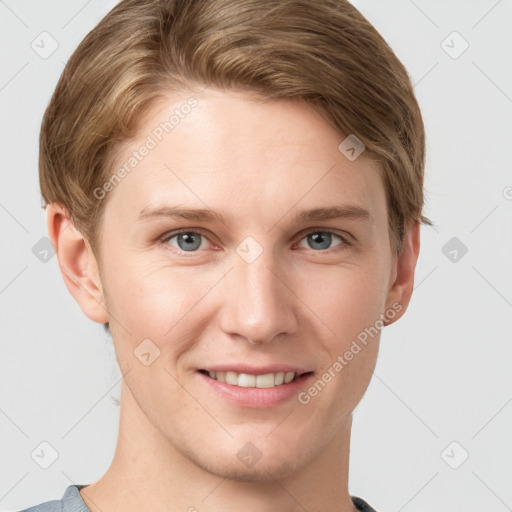 Joyful white young-adult female with short  brown hair and grey eyes